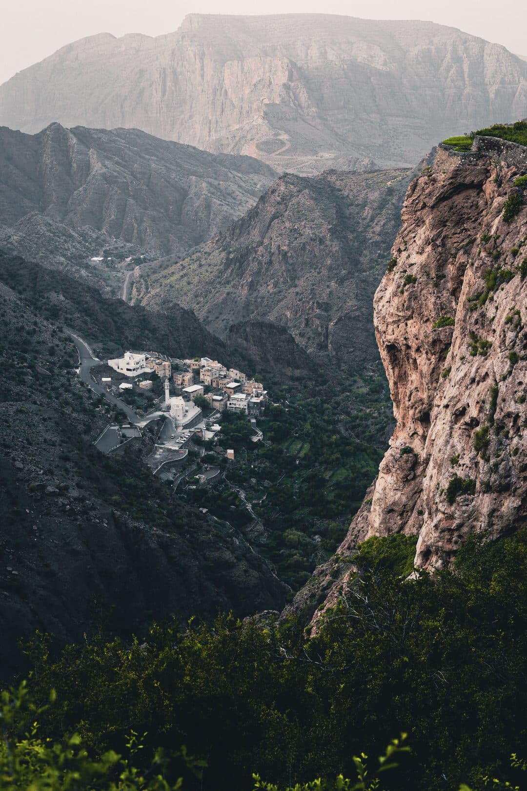 A village perched on a cliff edge on Jebel Akhdar
